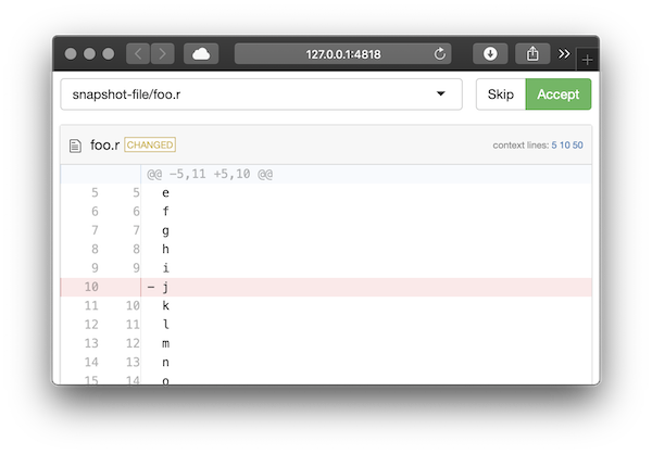 Screenshot of the Shiny app for reviewing snapshot changes to text files. It shows the changes to a .R file created in a snapshot test, where a line has been removed. There is a button to accept the changed snapshot, or to skip it.